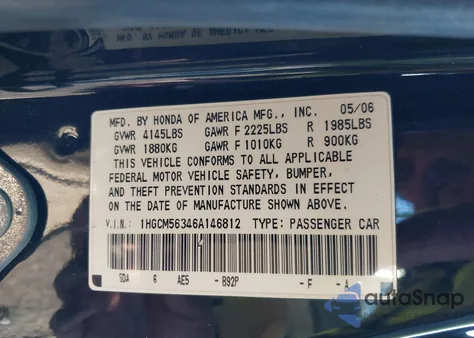 2006 Honda Accord 2.4 Se из США, поврежденный, VIN 1HGCM56346A146812